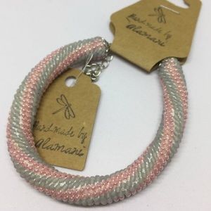 Handmade beaded crocheted cord gray/rose bracelet